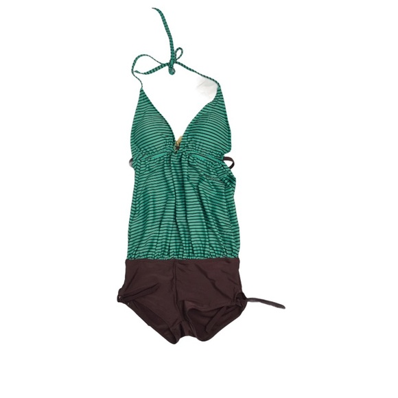 NWT YISIQI Green & Brown Striped Halter Tankini Swimsuit Juniors Size XS/S - Picture 1 of 10